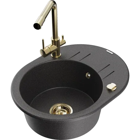 Mexen Kevin Granitspüle 1-Becken mit Abtropffläche und Küchenarmatur Duero, schwarz gesprenkelt - 6517-76-671600-50