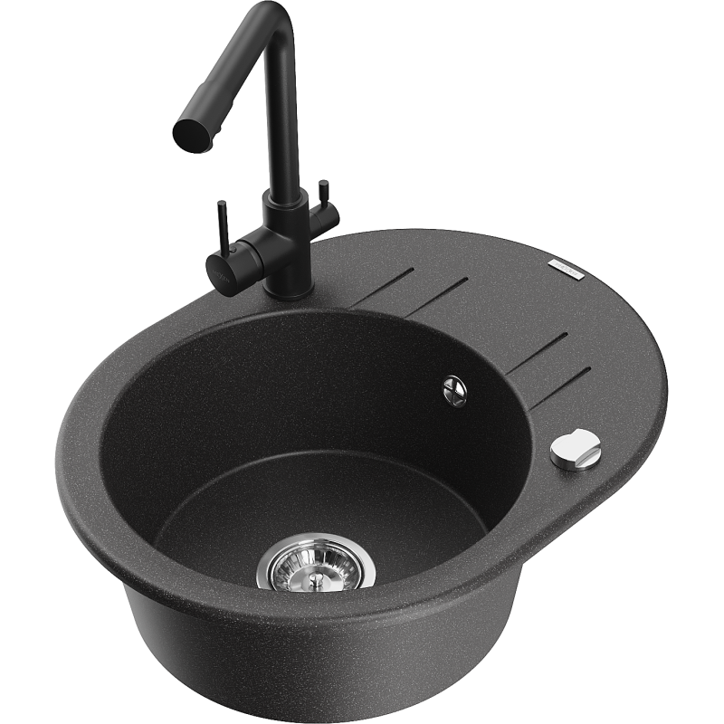 Mexen Kevin fregadero de granito 1 compartimento con escurridor y grifo de cocina Duero, negro con motas - 6517-76-671600-70
