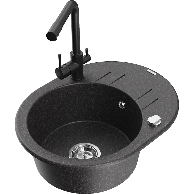 Mexen Kevin granite sink single-bowl with drainer and Duero kitchen tap, speckled black - 6517-76-671600-70