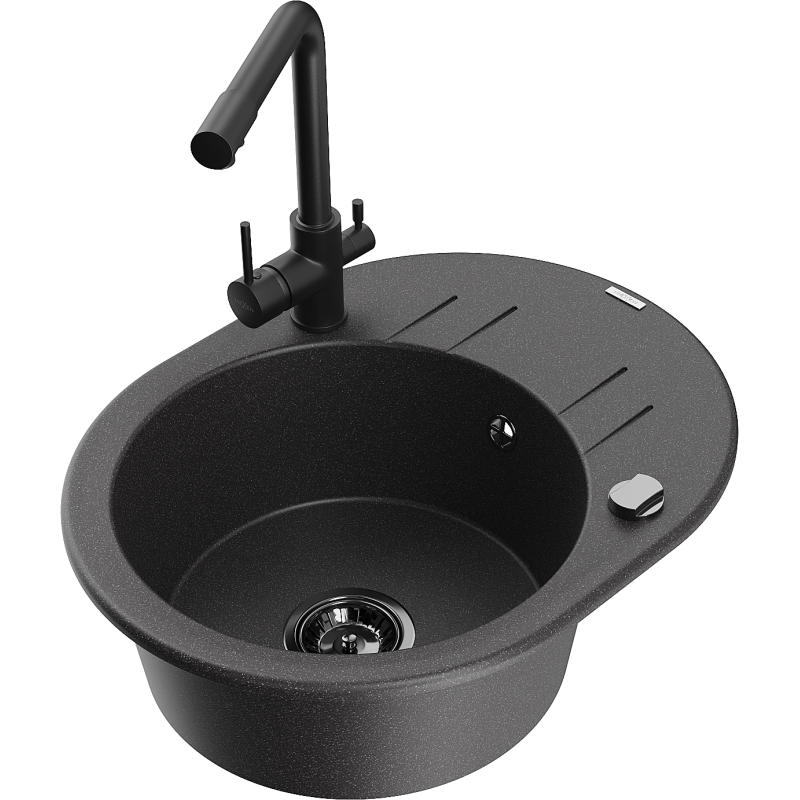Mexen Kevin fregadero de granito de 1 cubeta con escurridor y grifo de cocina Duero, negro moteado - 6517-76-671600-70-B