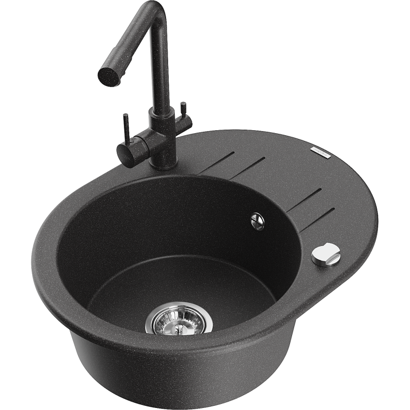 Mexen Kevin fregadero de granito de 1 cubeta con escurridor y grifo de cocina Duero, negro moteado - 6517-76-671600-76