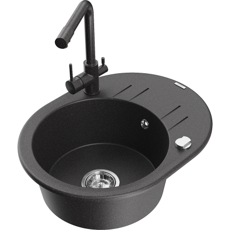 Mexen Kevin granite sink 1-bowl with drainer and Duero kitchen tap, speckled black - 6517-76-671600-76
