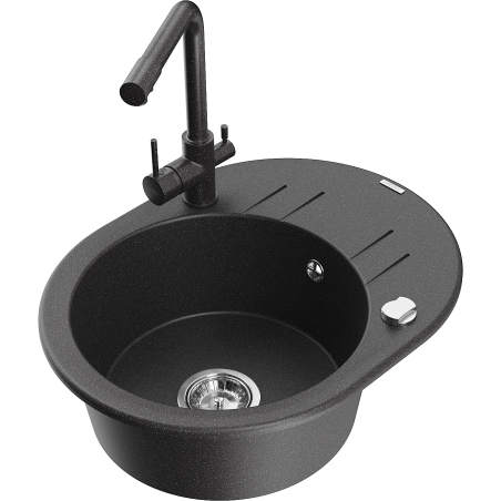 Mexen Kevin granite sink 1-bowl with drainer and kitchen faucet Duero, black speckled - 6517-76-671600-76