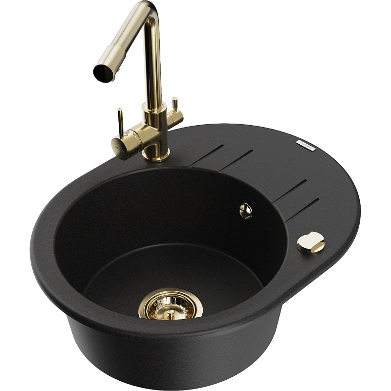 Mexen Kevin granite sink 1-bowl with drainer and Duero kitchen tap, black - 6517-77-671600-50