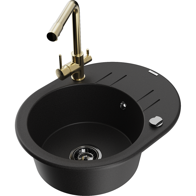 Mexen Kevin lava-louça de granito de uma bacia com escorredor e torneira de cozinha Duero, preto - 6517-77-671600-50-B