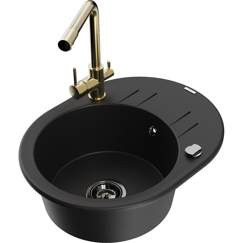 Mexen Kevin single-bowl granite sink with drainer and Duero kitchen tap, black - 6517-77-671600-50-B