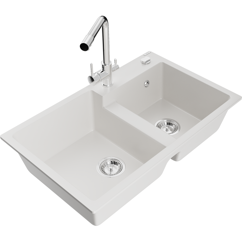Mexen Tomas 2-bowl granite sink with Duero kitchen tap, white - 6516-20-671600-00