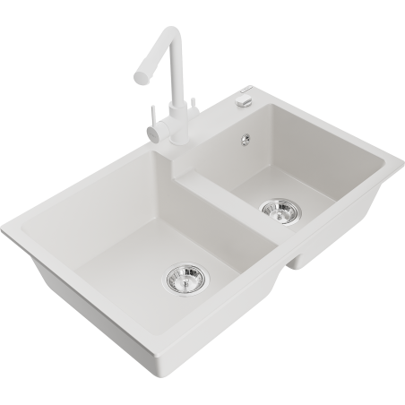 Mexen Tomas granite 2-bowl kitchen sink with Duero tap, white - 6516-20-671600-20