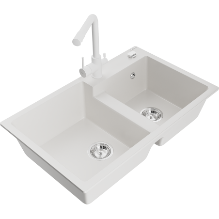 Mexen Tomas granite double-bowl kitchen sink with Duero faucet, white - 6516-20-671600-20