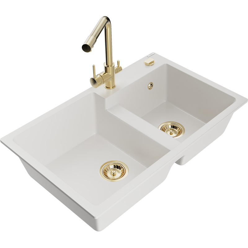 Mexen Tomas lava-louça de granito de 2 cubas com torneira de cozinha Duero, branco - 6516-20-671600-50