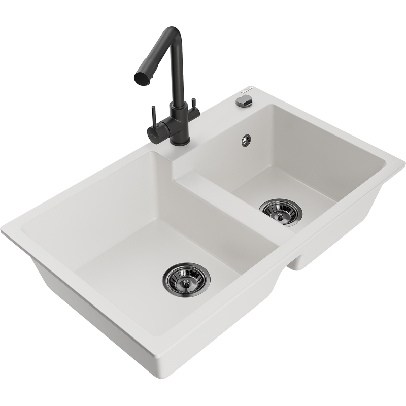 Mexen Tomas granite sink 2-chamber with Duero kitchen tap, white - 6516-20-671600-70