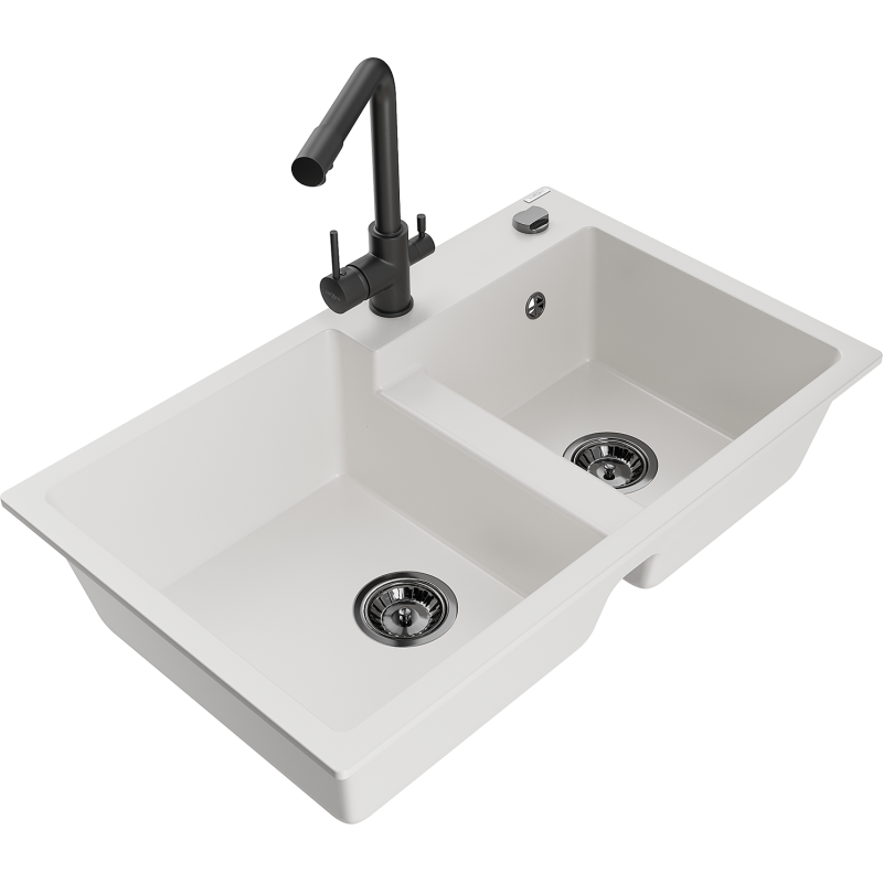Mexen Tomas lavello da cucina in granito 2 vasche con rubinetto Duero, bianco - 6516-20-671600-70