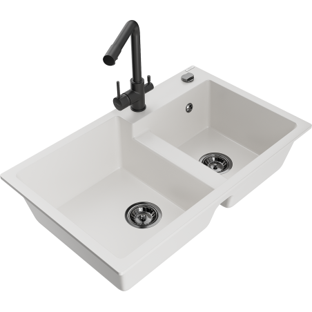 Mexen Tomas fregadero de granito de 2 compartimentos con grifo de cocina Duero, blanco - 6516-20-671600-70