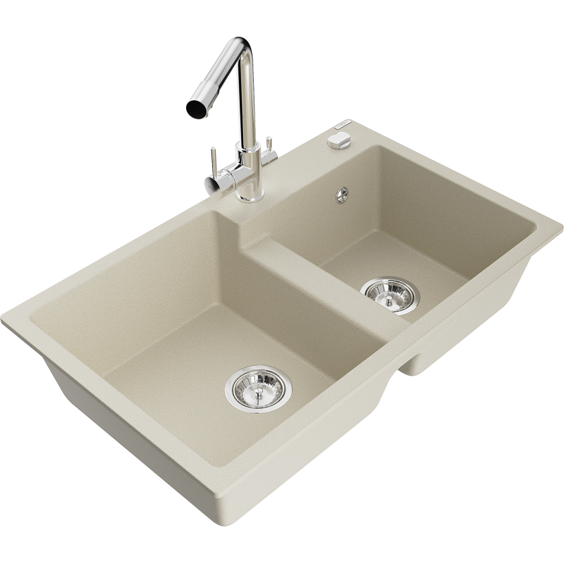 Mexen Tomas fregadero de granito de 2 senos con grifo de cocina Duero, beige - 6516-69-671600-00