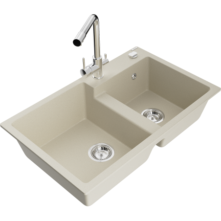 Mexen Tomas granieten gootsteen 2-kamer met keukenmengkraan Duero, beige - 6516-69-671600-00