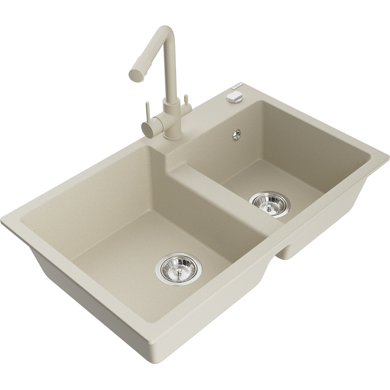 Mexen Tomas fregadero de granito de 2 compartimientos con grifo de cocina Duero, beige - 6516-69-671600-69