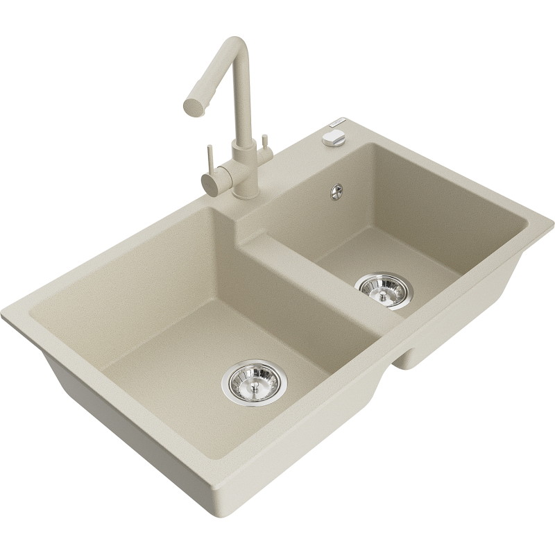 Mexen Tomas Granitspüle Duero, zweikammerig mit Küchenarmatur, beige - 6516-69-671600-69