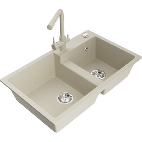 Mexen Tomas évier en granit 2 bacs avec robinet de cuisine Duero, beige - 6516-69-671600-69