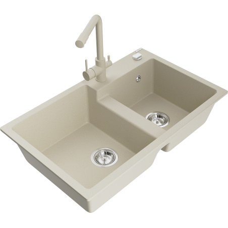 Mexen Tomas fregadero de granito de 2 compartimientos con grifo de cocina Duero, beige - 6516-69-671600-69