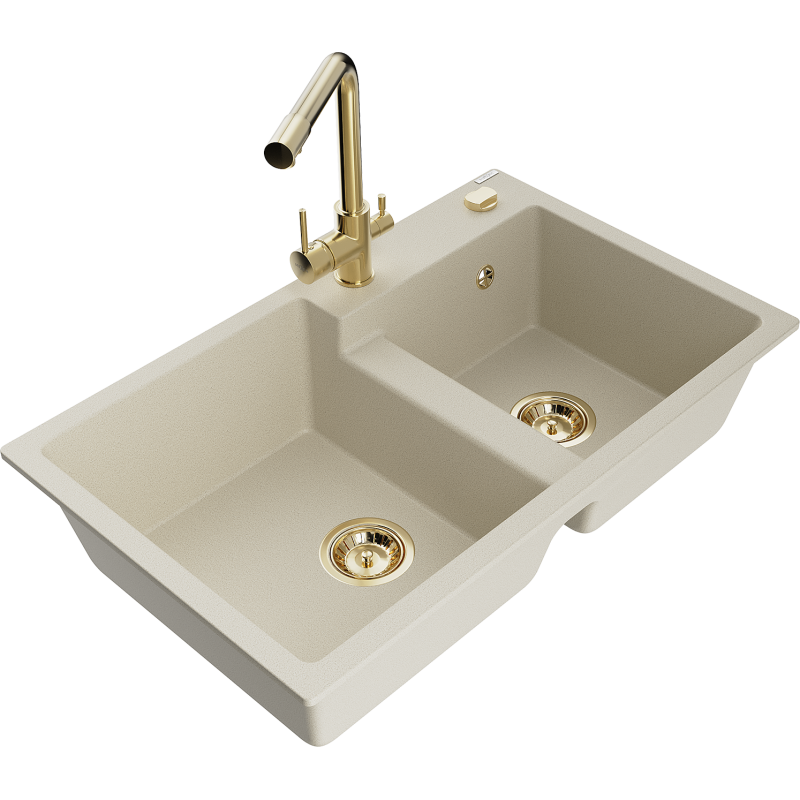 Mexen Tomas fregadero de cocina de granito de 2 senos con grifo de cocina Duero, beige - 6516-69-671600-50