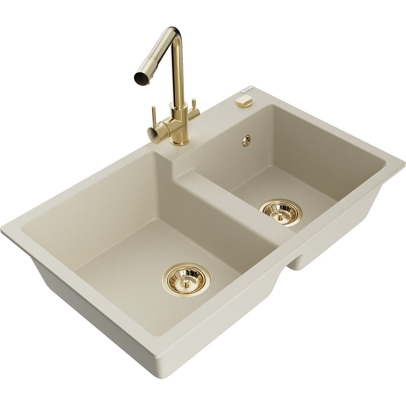 Mexen Tomas fregadero de granito de 2 compartimentos con grifo de cocina Duero, beige - 6516-69-671600-50