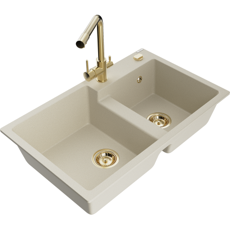 Mexen Tomas fregadero de granito de 2 compartimentos con grifo de cocina Duero, beige - 6516-69-671600-50