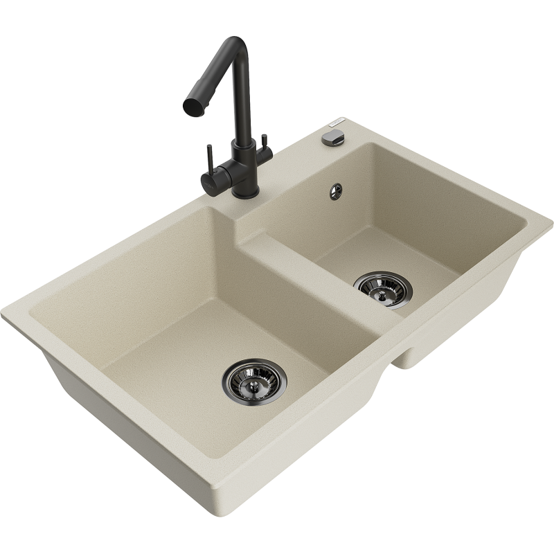 Mexen Tomas fregadero de granito de 2 compartimentos con grifo de cocina Duero, beige - 6516-69-671600-70