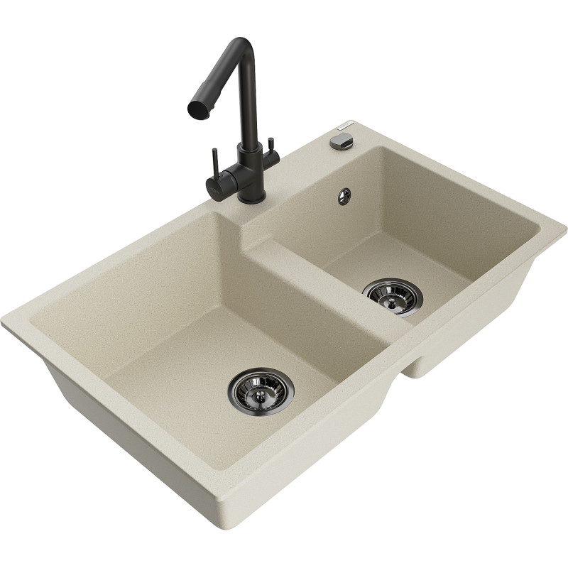 Mexen Tomas granit gootsteen 2-kamers met keukenkraan Duero, beige - 6516-69-671600-70