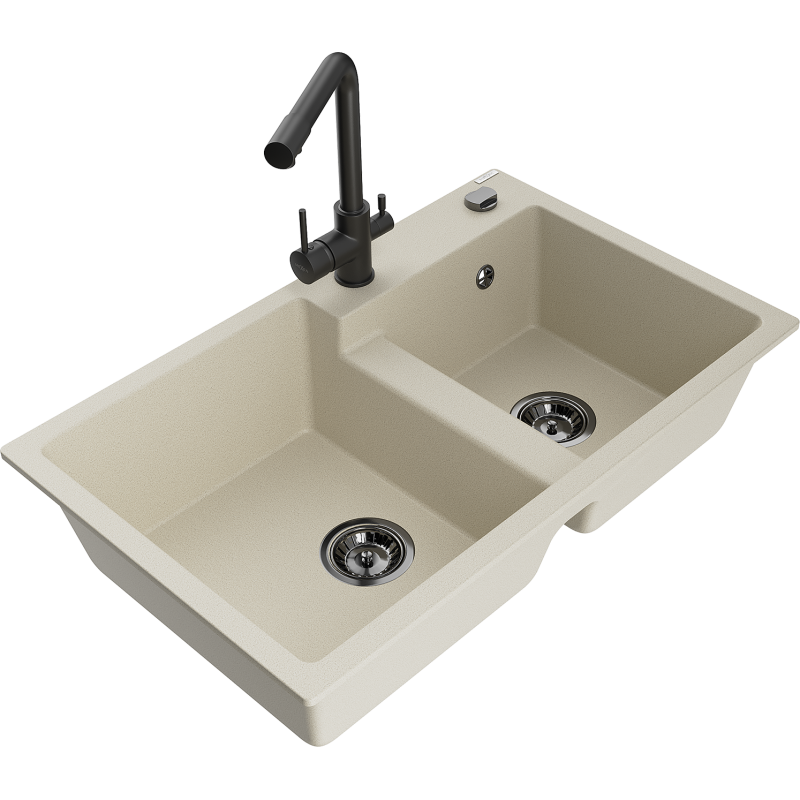 Mexen Tomas Granitspüle 2-Kammern mit Küchenarmatur Duero, beige - 6516-69-671600-70