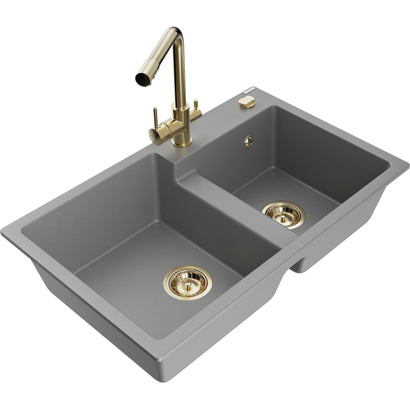 Mexen Tomas lavello da cucina in granito a 2 vasche con rubinetto Duero, grigio - 6516-71-671600-50