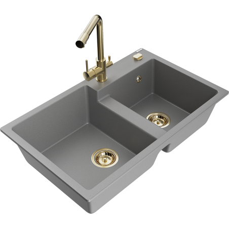 Mexen Tomas Granitspüle 2-Becken mit Küchenarmatur Duero, grau - 6516-71-671600-50