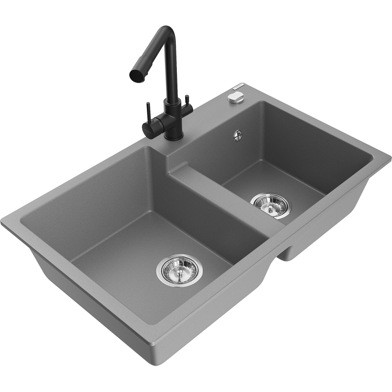 Mexen Tomas 2-Bowl Granite Sink with Duero Kitchen Mixer Tap, Grey - 6516-71-671600-70