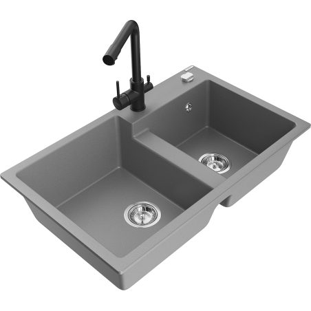 Mexen Tomas 2-Bowl Granite Sink with Duero Kitchen Mixer Tap, Grey - 6516-71-671600-70
