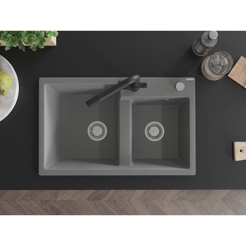 Mexen Tomas 2-Bowl Granite Sink with Duero Kitchen Mixer Tap, Grey - 6516-71-671600-70