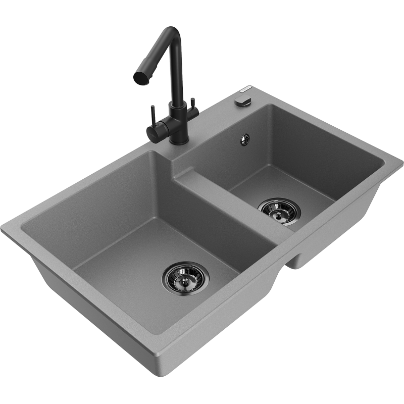 Mexen Tomas fregadero de granito de 2 cámaras con grifo de cocina Duero, gris - 6516-71-671600-70-B