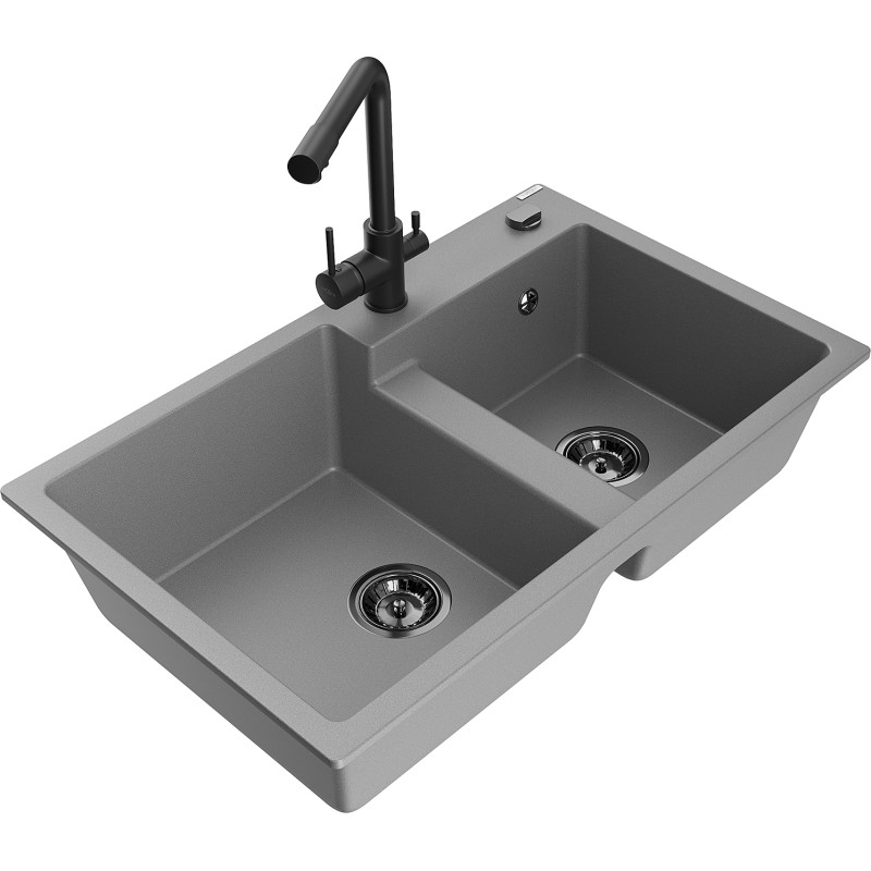 Mexen Tomas fregadero de granito de 2 senos con grifo de cocina Duero, gris - 6516-71-671600-70-B