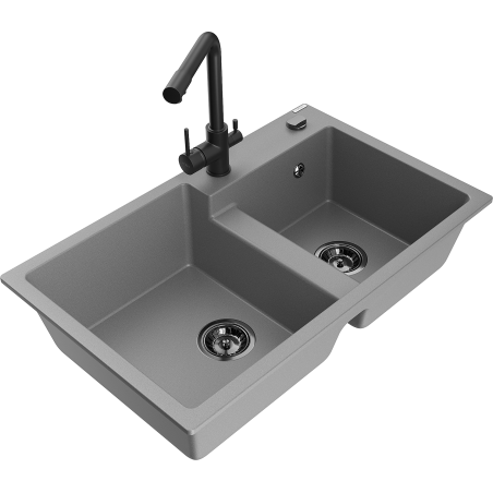Mexen Tomas granite 2-bowl sink with Duero kitchen tap, grey - 6516-71-671600-70-B