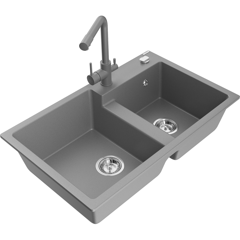 Mexen Tomas fregadero de granito de 2 senos con grifo de cocina Duero, gris - 6516-71-671600-71