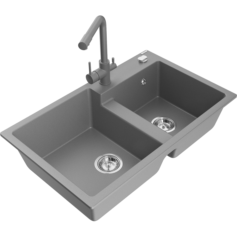 Mexen Tomas granite sink 2-bowl with Duero kitchen tap, grey - 6516-71-671600-71