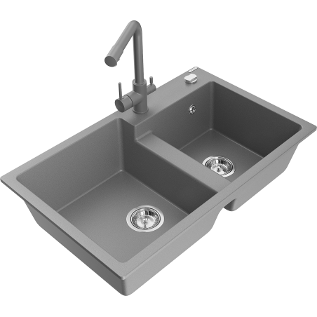 Mexen Tomas Granitspüle 2-Kammer mit Küchenarmatur Duero, grau - 6516-71-671600-71