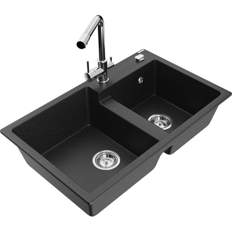 Mexen Tomas Granitspüle 2-Kammer mit Küchenarmatur Duero, schwarz/silber metallic - 6516-73-671600-00