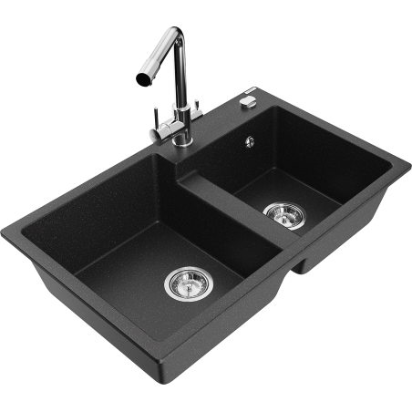 Mexen Tomas Granitspüle 2-Becken mit Küchenarmatur Duero, schwarz/silber metallic - 6516-73-671600-00