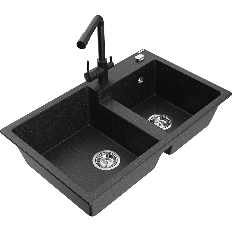 Mexen Tomas fregadero de granito de 2 senos con grifo de cocina Duero, negro/metálico plateado - 6516-73-671600-70