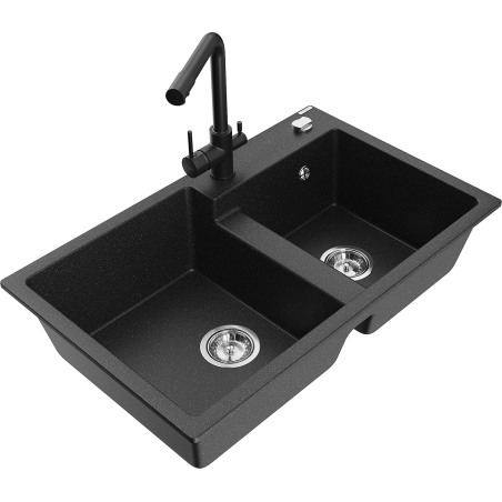 Mexen Tomas 2-komorige granieten gootsteen met Duero keukenkraan, zwart/zilver metallic - 6516-73-671600-70