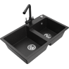 Mexen Tomas granite sink 2-bowl with Duero kitchen faucet, black/silver metallic - 6516-73-671600-70