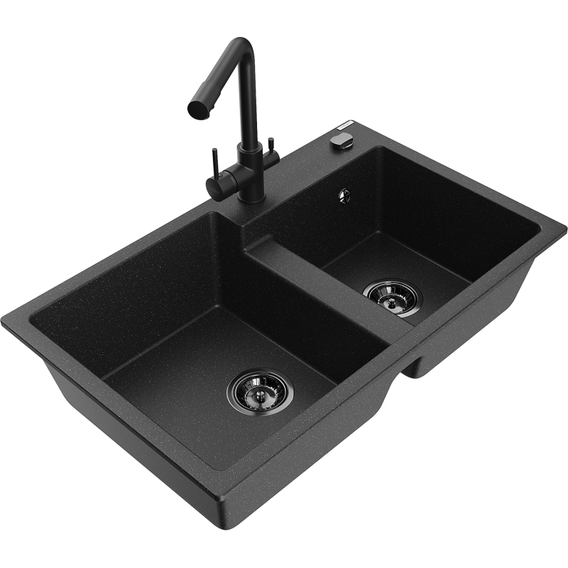Mexen Tomas fregadero de granito de 2 senos con grifo de cocina Duero, negro/plateado metálico - 6516-73-671600-70-B