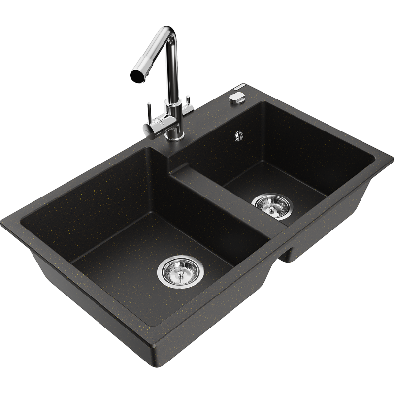Mexen Tomas granite kitchen sink 2-bowl with Duero kitchen tap, black/gold metallic - 6516-75-671600-00