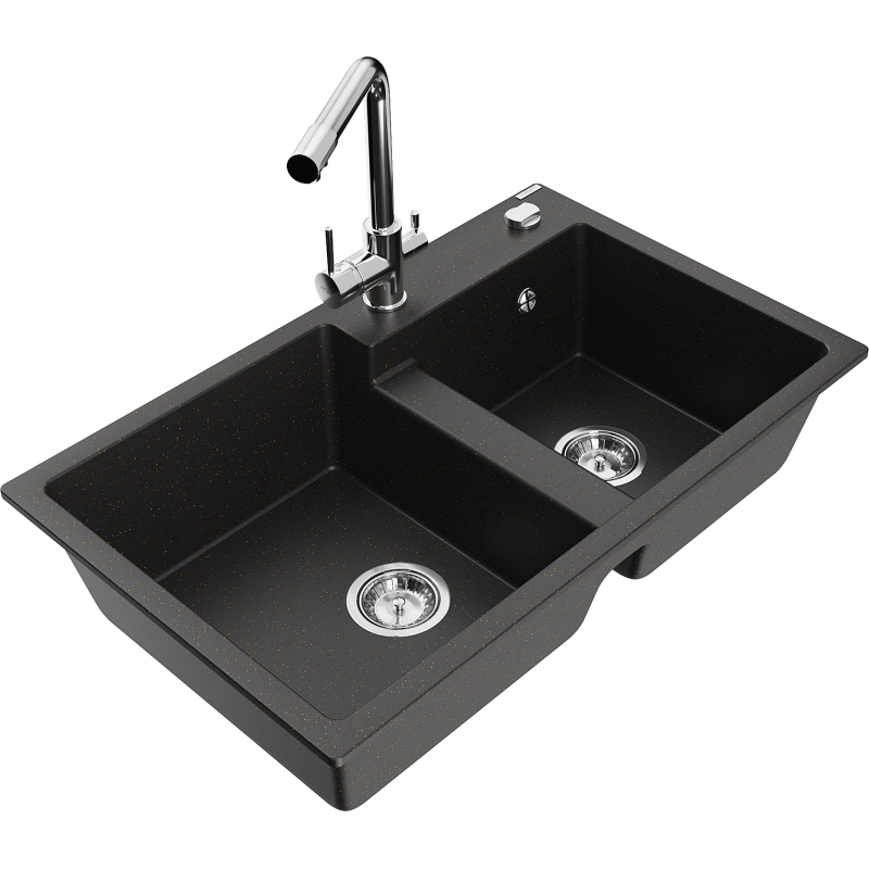 Mexen Tomas lavello in granito a 2 vasche con miscelatore da cucina Duero, nero/oro metallizzato - 6516-75-671600-00