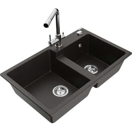 Mexen Tomas 2-compartment granite sink with Duero kitchen faucet, black/gold metallic - 6516-75-671600-00
