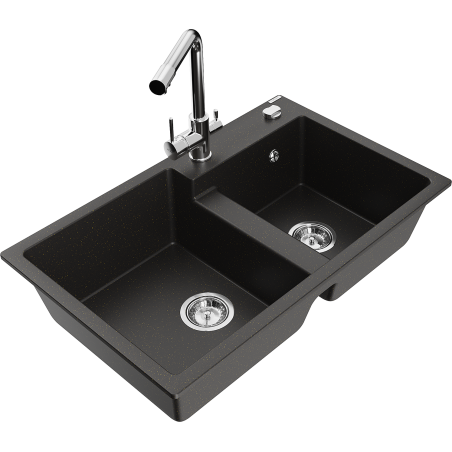 Mexen Tomas fregadero de granito de 2 compartimentos con grifo de cocina Duero, negro metálico/dorado - 6516-75-671600-00